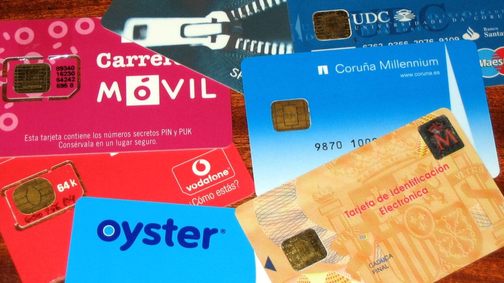 Photo several smart cards by Diego.souto, Wikimedia Commons, used under the under the Creative Commons Attribution-Share Alike 3.0 Unported license.